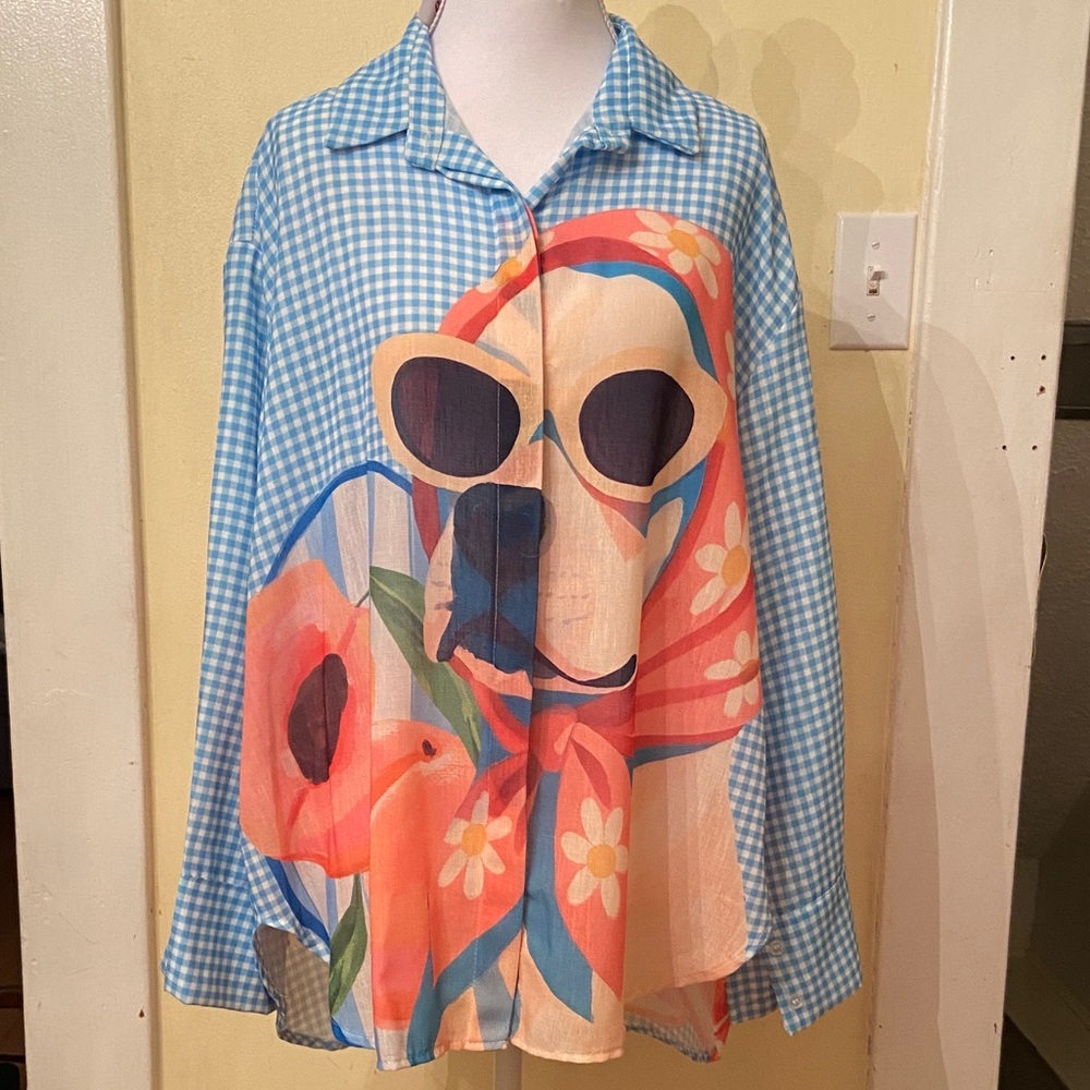 Blue Gingham Button-Down Shirt  Bold floral wiener dog dachshund whimsy One size